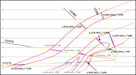 Figure 2. Cross-section, looking approximately to the West, of new diamond drill holes.